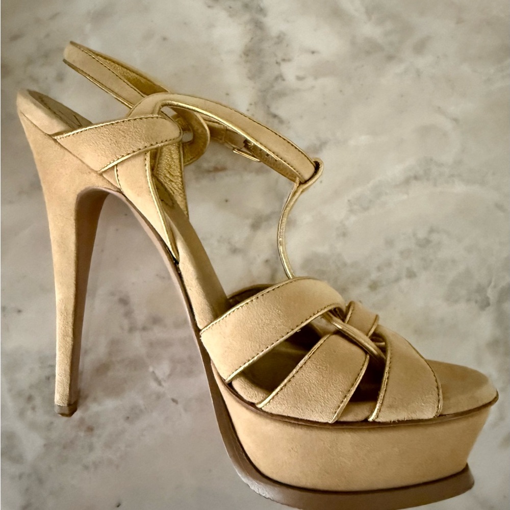 Yves Saint Laurent YSL Tribute Beige Tan Suede Gold Trim Platform Heels 37.5 - Picture 11 of 16